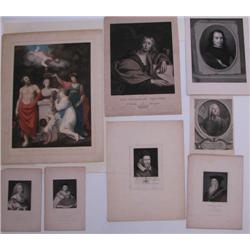 8 Engravings and mezzotints including Adoration of Bust of Linnaeus