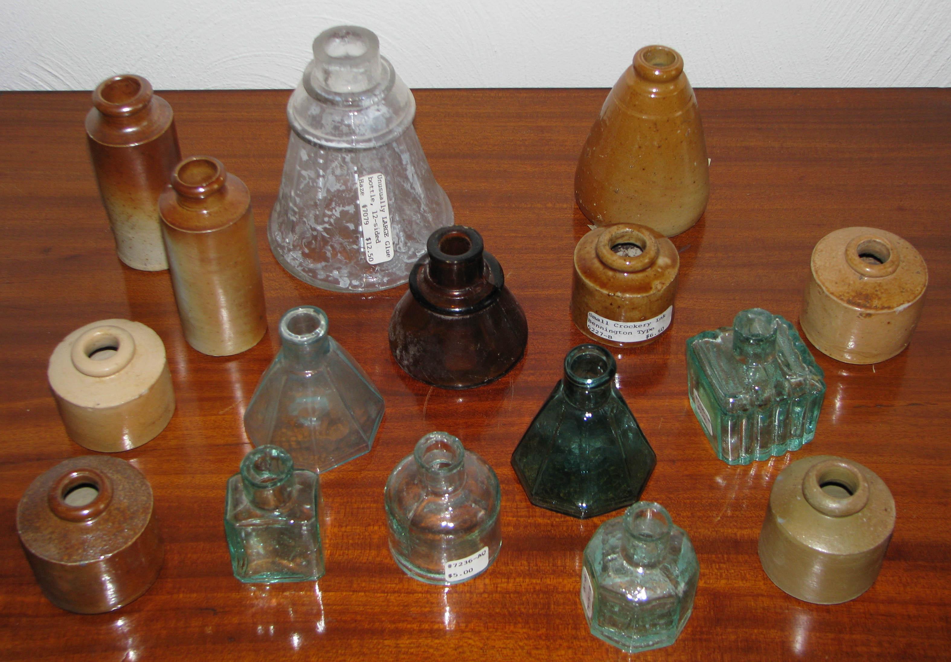 16 Assorted Antique Ceramic and Glass Ink and Glue Bottles