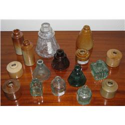 16 Assorted Antique Ceramic and Glass Ink and Glue Bottles