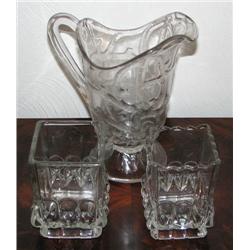 Pressed Glass Pitcher with Two Bubble Edged Cups