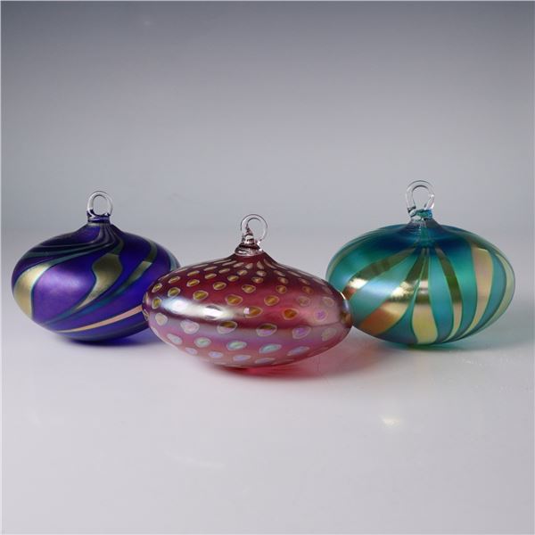 Trio of Iridescent Art Glass Ornaments, Handblown Studio Works, Signed