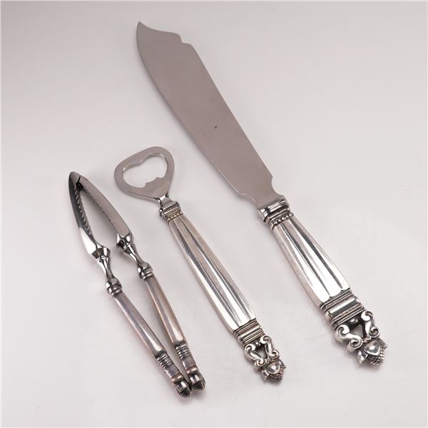 3pc Georg Jensen Sterling Silver and Stainless Steel Serveware, Acorn