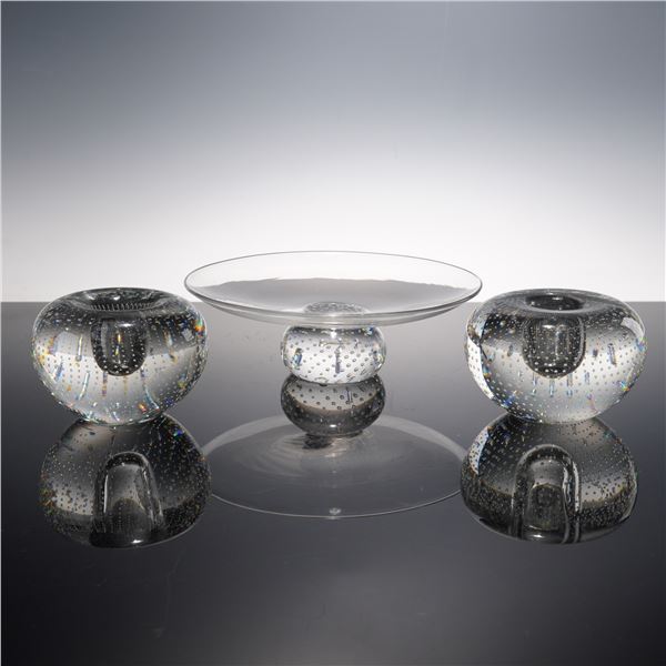 3pc Art Glass Centerpiece and Candleholders