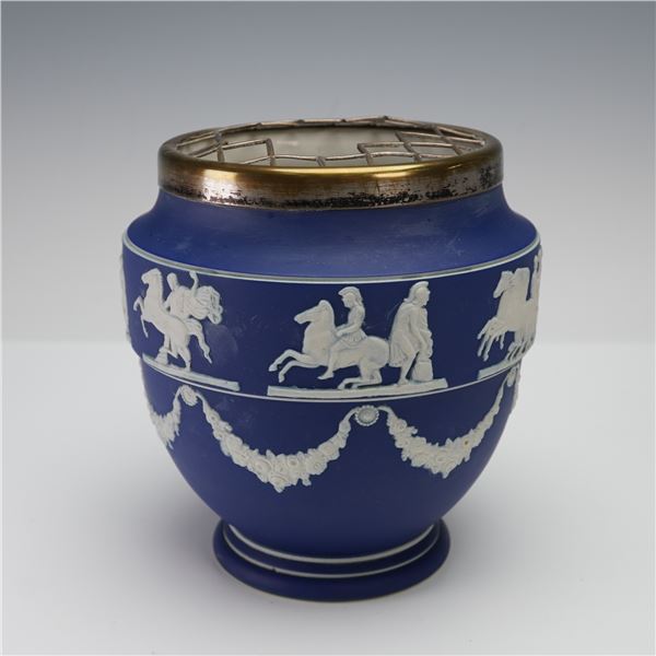 Adams Blue Jasperware Vase with Metal Flower Frog