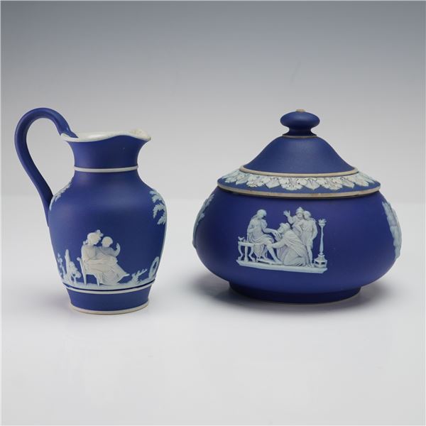 2pc Wedgwood Blue Jasperware Pitcher and Covered Bowl