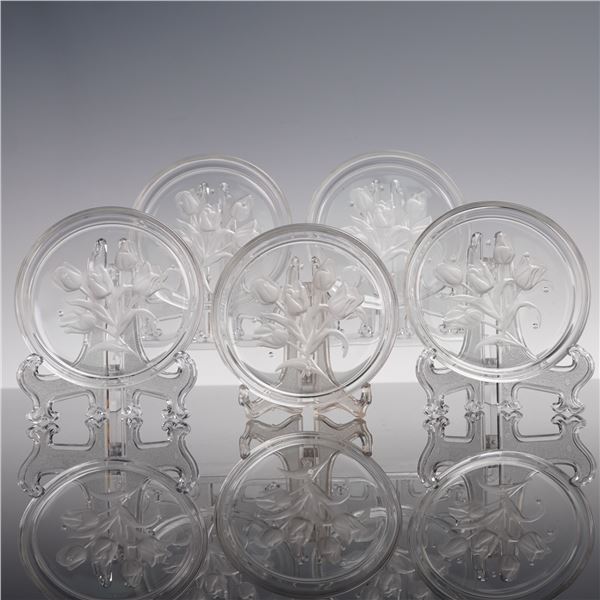 5pc Val Saint Lambert Floral Intaglio Glass Coasters