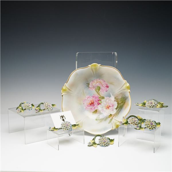 8pc German Porcelain Floral Bowl plus Place Card Holders