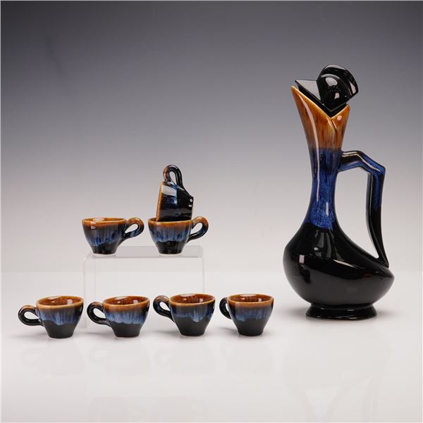 8pc Mid-Century Drip Glaze Ceramic Decanter and Cup Set