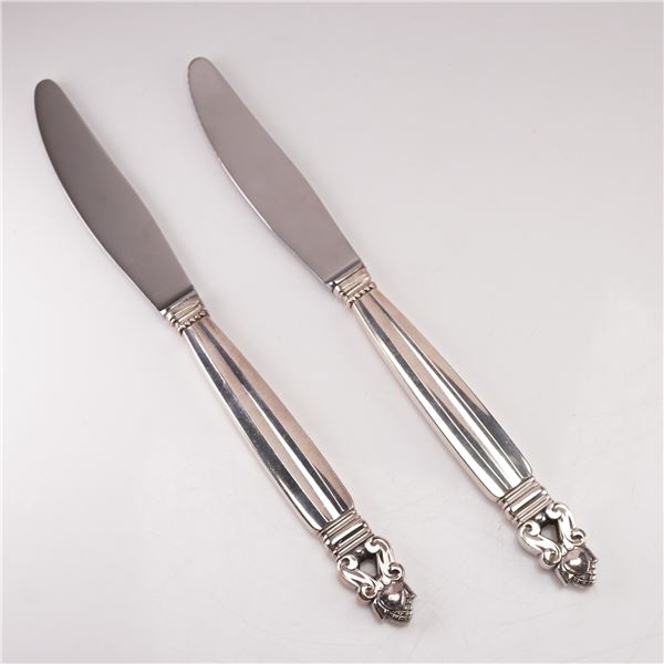 2pc Georg Jensen Sterling Silver Stainless Steel Dinner Knives, Acorn