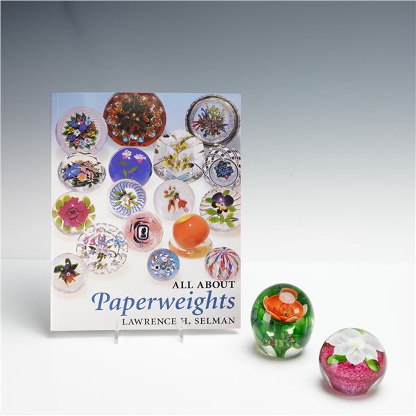 3pc Mayauel Ward and Art Glass Paperweights with Book