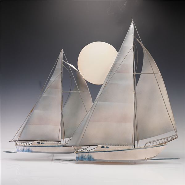 Curtis Jere Style Metal Wall Sculpture, Sailboats with Sun, Signed