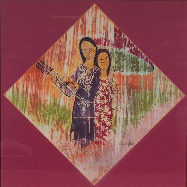Lee Long Looi, Batik on Rice Paper, Women Under Umbrella, Signed