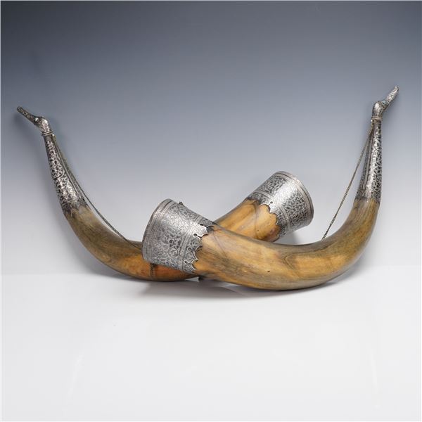 2pc Middle Eastern Silverplated Drinking Horns