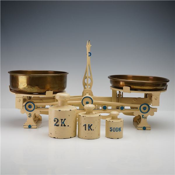 4pc Cast Iron Balance Scale with Brass Pans and Weights