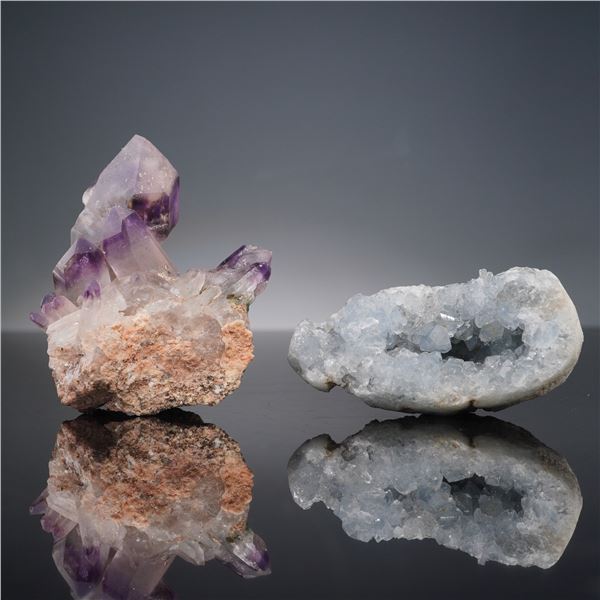 2pc Mineral Specimens, Amethyst Crystal and Blue Celestite Geode