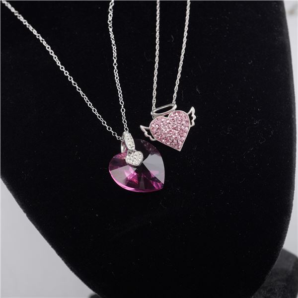 2pc Sterling Silver Pink Heart Pendant Necklaces