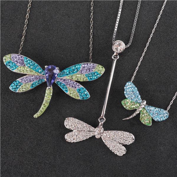 3pc Sterling Silver and Swarovski Crystal Dragonfly Pendant Necklaces
