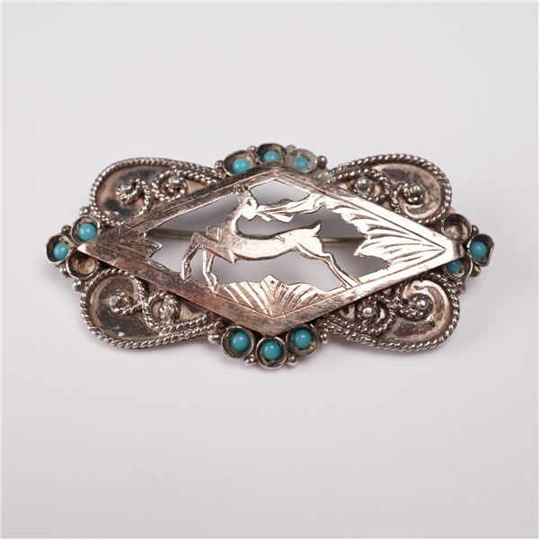 Vintage Sterling Silver Brooch with Turquoise Beads, Leaping Deer Design