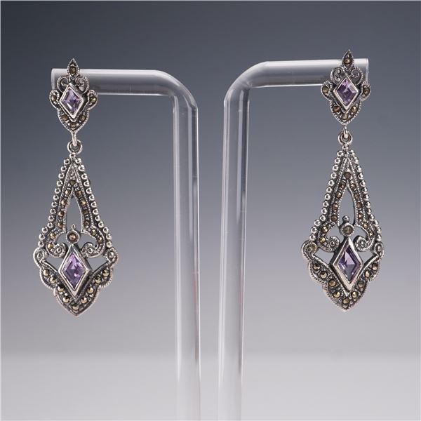 Pair of Sterling Silver Drop Earrings with Amethyst and Marcasite