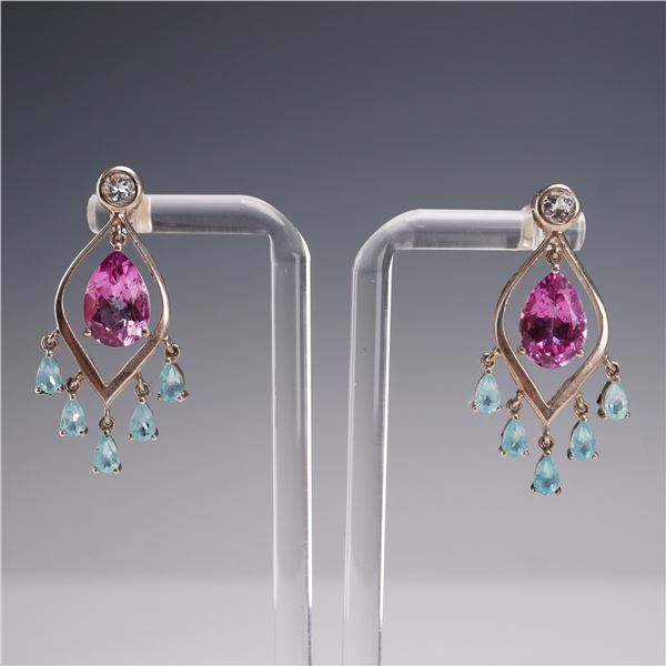 Pair of Sterling Silver Earrings with Pink Sapphire, Aquamarine, and Topaz