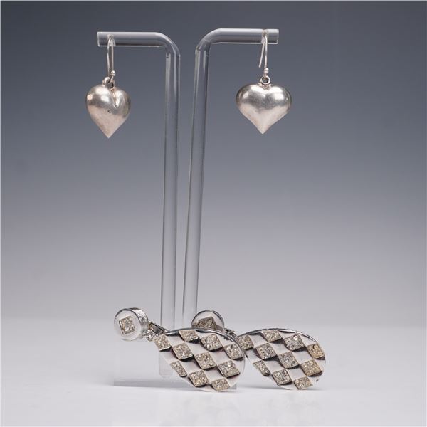 2 Pairs of Drop Earrings, Silver Hearts and Rhinestone