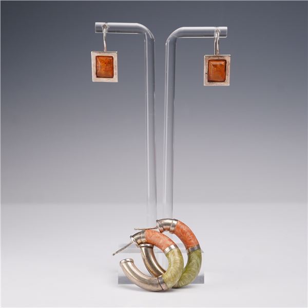 2 Pairs of Sterling Silver Earrings, Amber Drops and Enamel Hoops