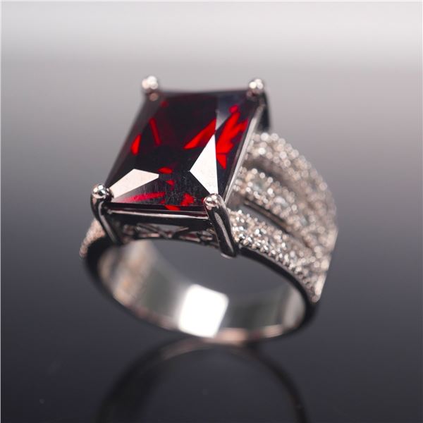 Sterling Silver Ring, Rectangular Red Gemstone