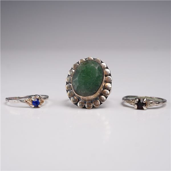3pc Rings with Nephrite, Blue, and Red Stones