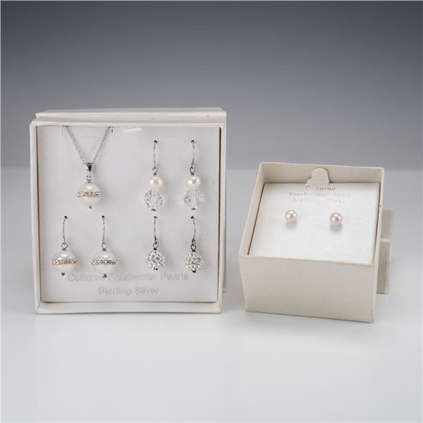 5pc Sterling Silver and Freshwater Pearl Necklace and Earrings