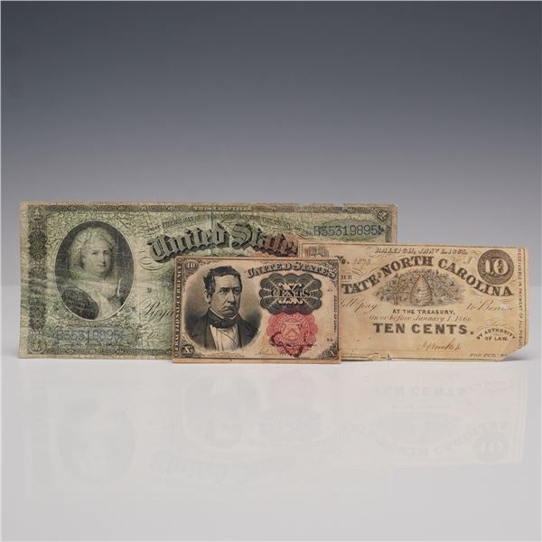3pc Group of Three Historic U.S. and Confederate Paper Notes