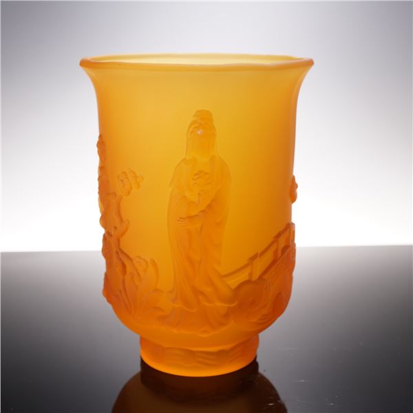 Amber Frosted Glass Asian Art Relief Vase