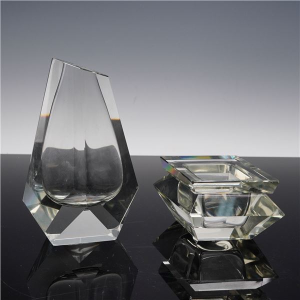 2pc Glass Art Deco Prism Faceted Vase with Lidded Bowl Set