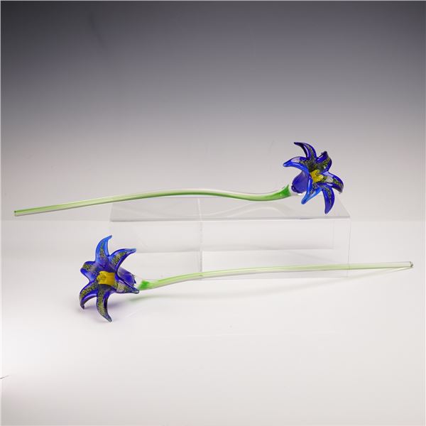 2pc Handblown Blue Art Glass Long Stem Lilies
