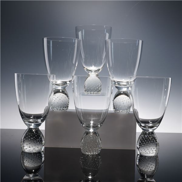 6pc Art Glass Water Goblets with Controlled Bubble Bases
