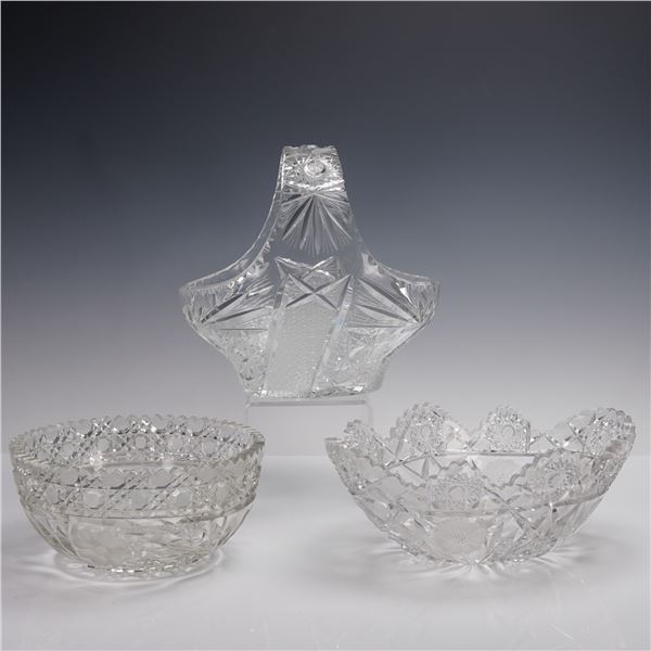 3pc Starburst and Floral Cut Glass Basket and Bowls