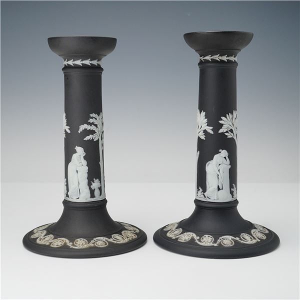 2pc Wedgwood Black Basalt Jasperware Candlesticks