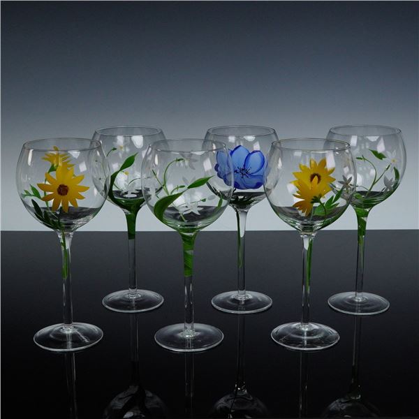 6pc Hand Painted Floral Balloon Wine Goblets