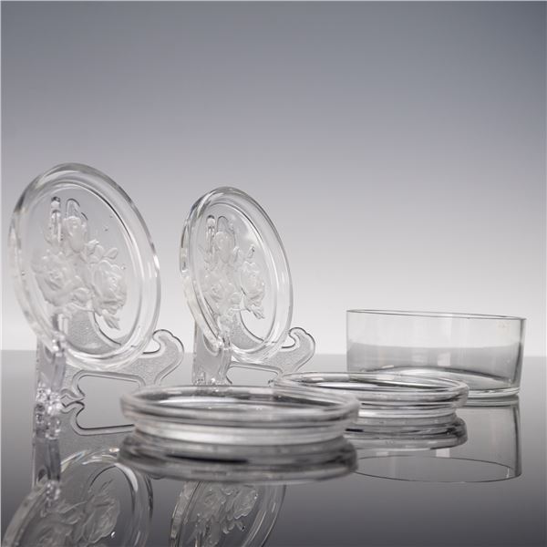 5pc Etched Crystal Rose Coasters with Holder