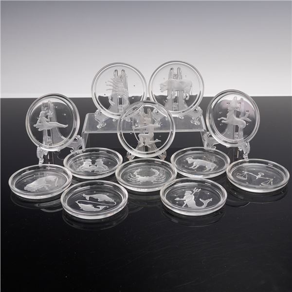 12pc Val Saint Lambert Zodiac Glass Coasters