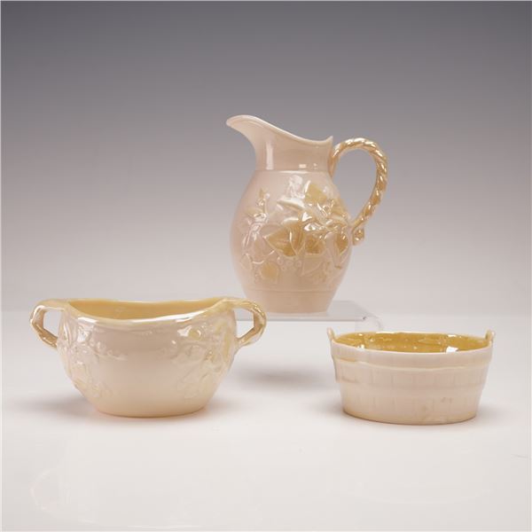 3pc Belleek Parian Miniature Pitcher, Open Sugar, and Butter Tub