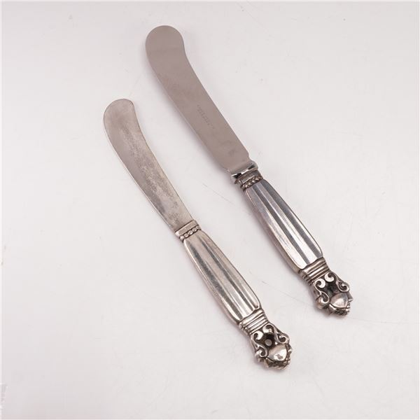 2pc Georg Jensen Sterling Silver Paddle Butter Spreaders, Acorn