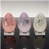 Image 1 : 3pc Clear and Frosted Glass Etched Floral Egg Figurines with Bases