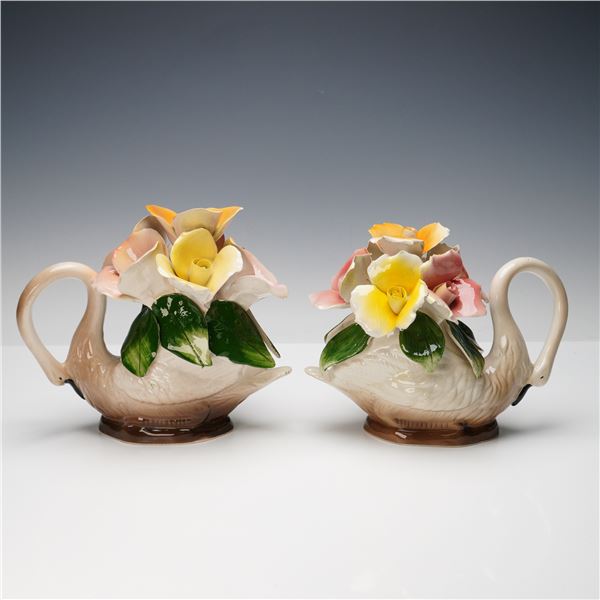 Pair of Nuova Capodimonte Decorative Floral Swan Figurines