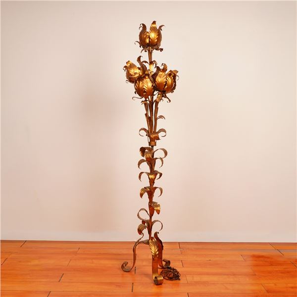 Hollywood Regency Italian Gilt Style Metal Floral Floor Lamp