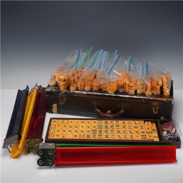 Mixed Mahjong Tile Sets in Brown Case with Accessories