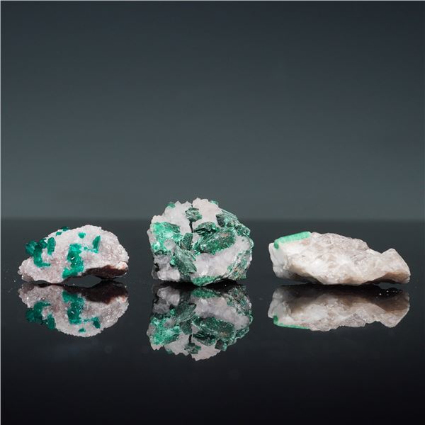 3pc Mineral Specimens, Malachites on Quartz and Emerald in Matrix