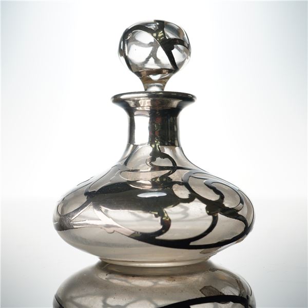 American Art Nouveau Sterling Silver Overlay Glass Perfume Bottle w/Stopper