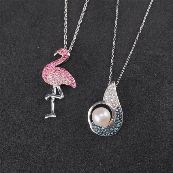 2pc Sterling Silver Pearl and Flamingo Pendant Necklaces