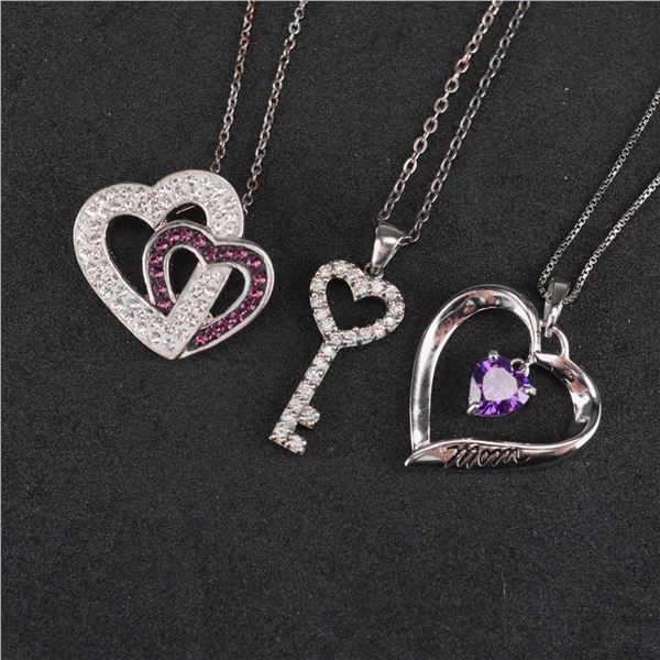 3pc Sterling and Costume Heart Pendant Necklaces