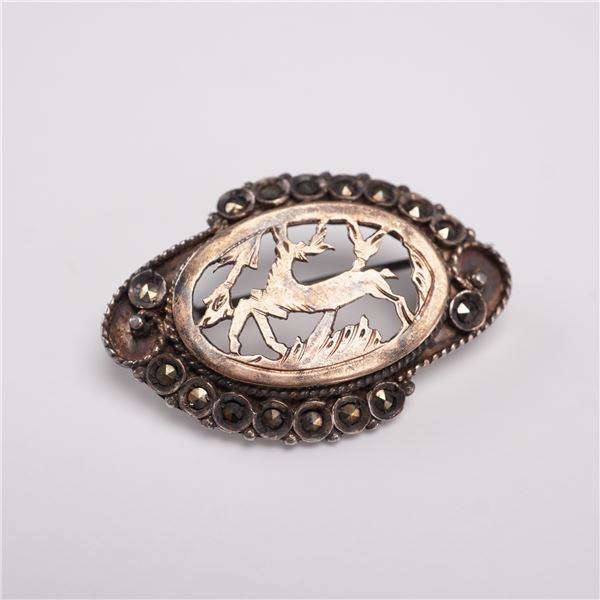 Vintage Sterling Silver and Marcasite Brooch, Jumping Deer